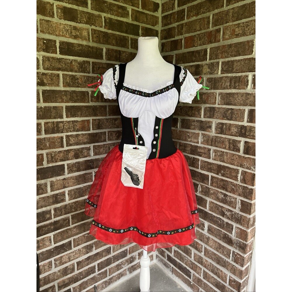 NEW Oktoberfest Bavarian Dirndl Costume Dress Small Puff Slvs Black Faux Corset